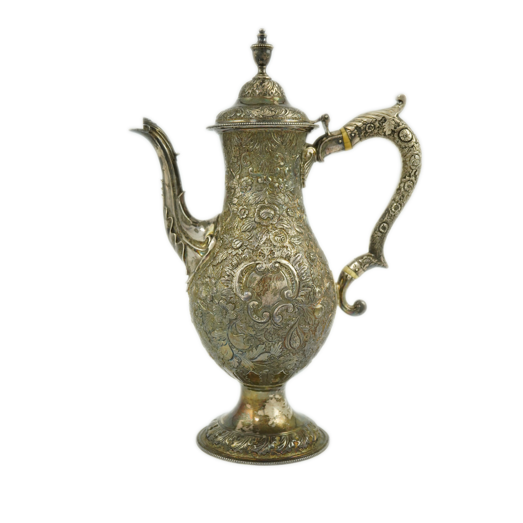 A George III silver pedestal coffee pot, with later embossed decoration